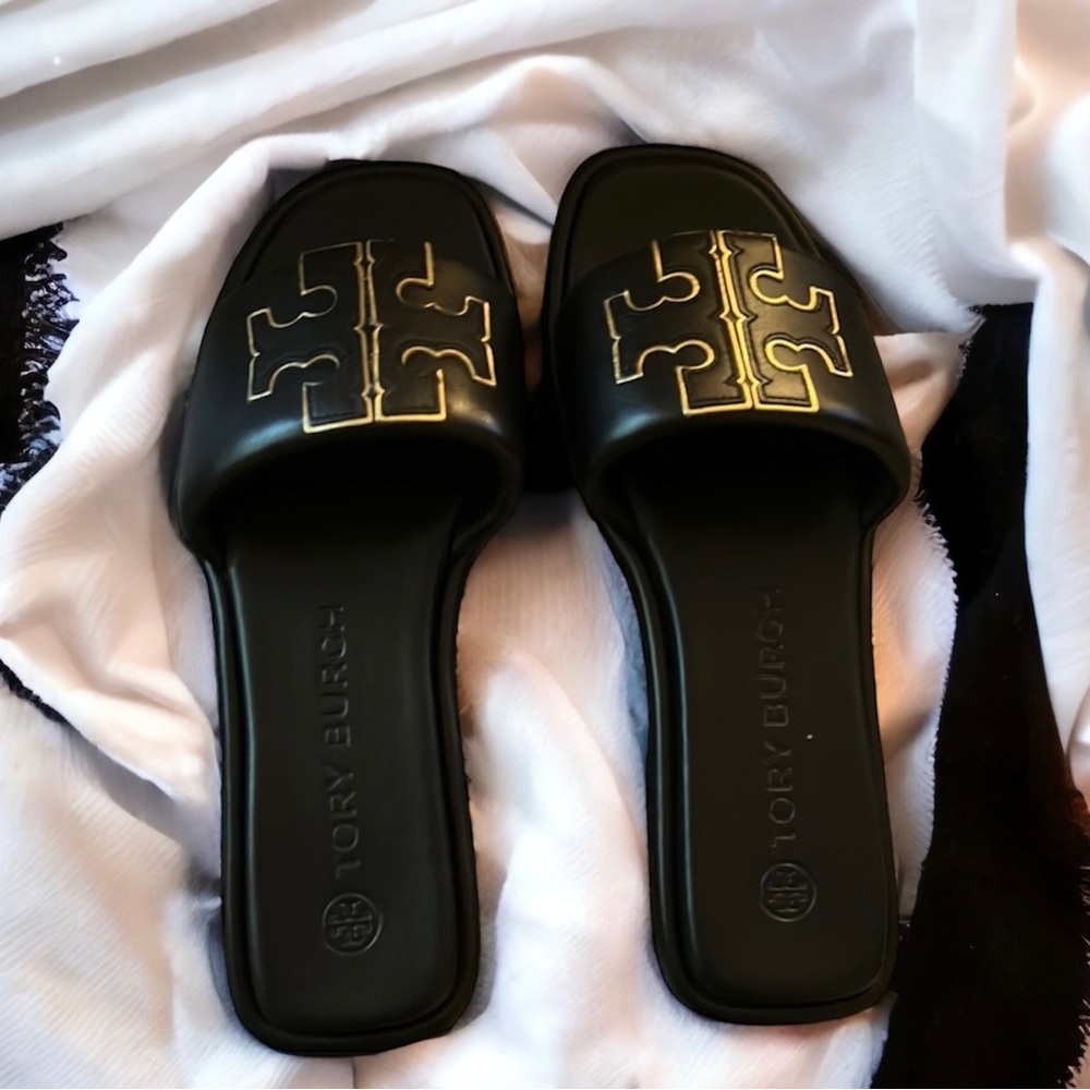 TORY BURCH Women’s Double T Sport Slide Sandal - Perfect Black/Gold Sz - 8.5 US